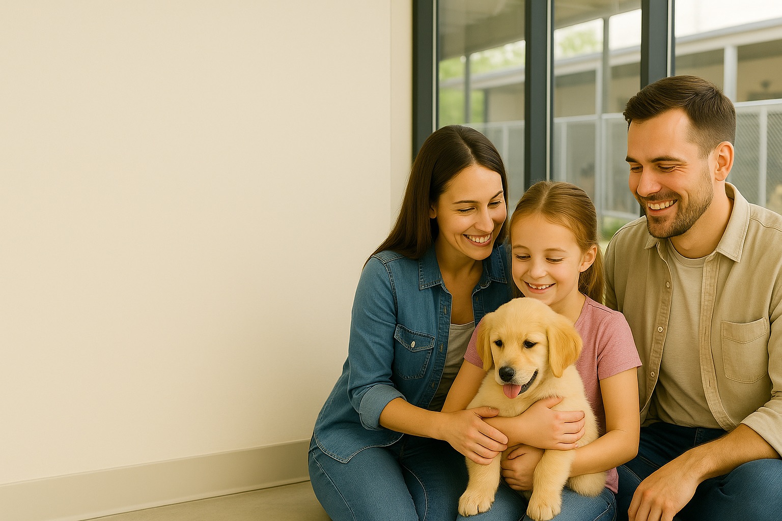 Happy family with golden retriever puppy